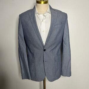 Express Photographer Blazer Mens 40R Blue Solid Fitted Cotton Two Button Jacket
